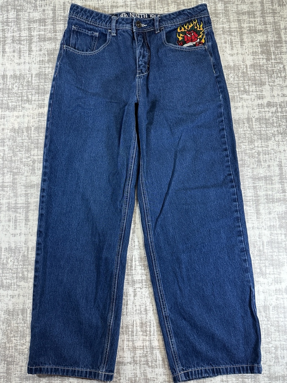 Y2K Dark Blue Denim Jeans with Flame Patch